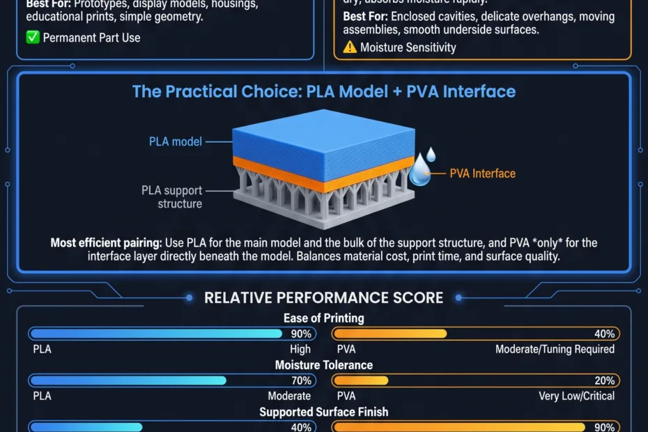 Comparison of PLA vs PVA filaments shows when each is best for 3D printing projects and their key properties.