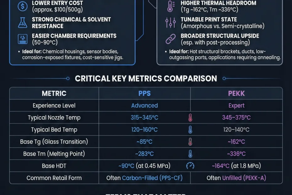 PPS and PEKK filaments shown in a side-by-side comparison chart for ultra high-performance materials.