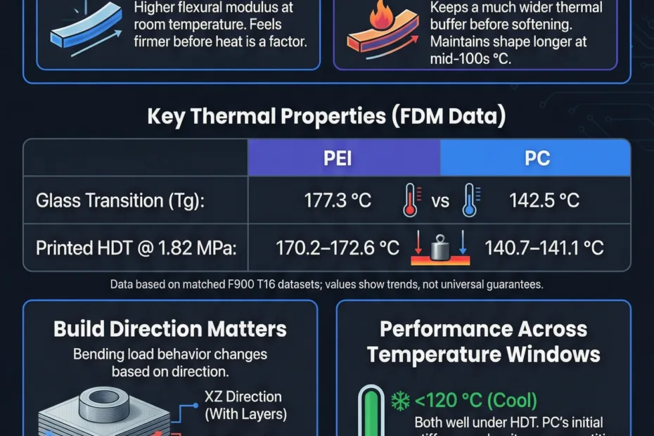 PEI and PC filament samples heated to high temperatures showing differences in rigidity.