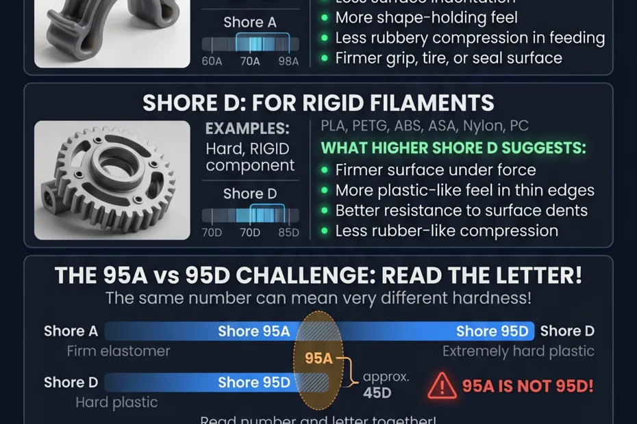 Comparison of Shore A vs Shore D filament shows different hardness ratings for flexible and rigid 3D printing materials.