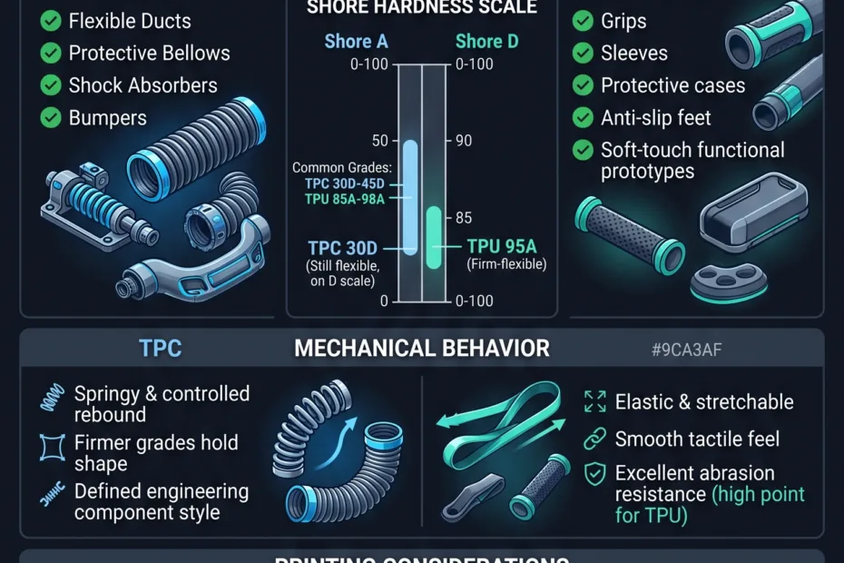 Comparison of TPC and TPU filaments for flexible engineering uses, highlighting their key properties and suitable applications.