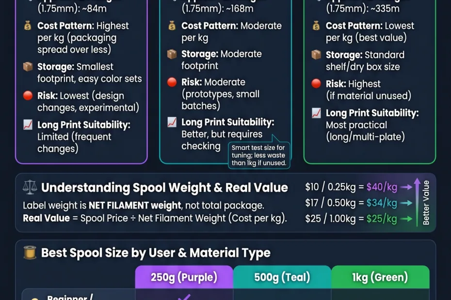Comparison of 250g, 500g, and 1kg filament spools to find the best value for 3D printing projects.
