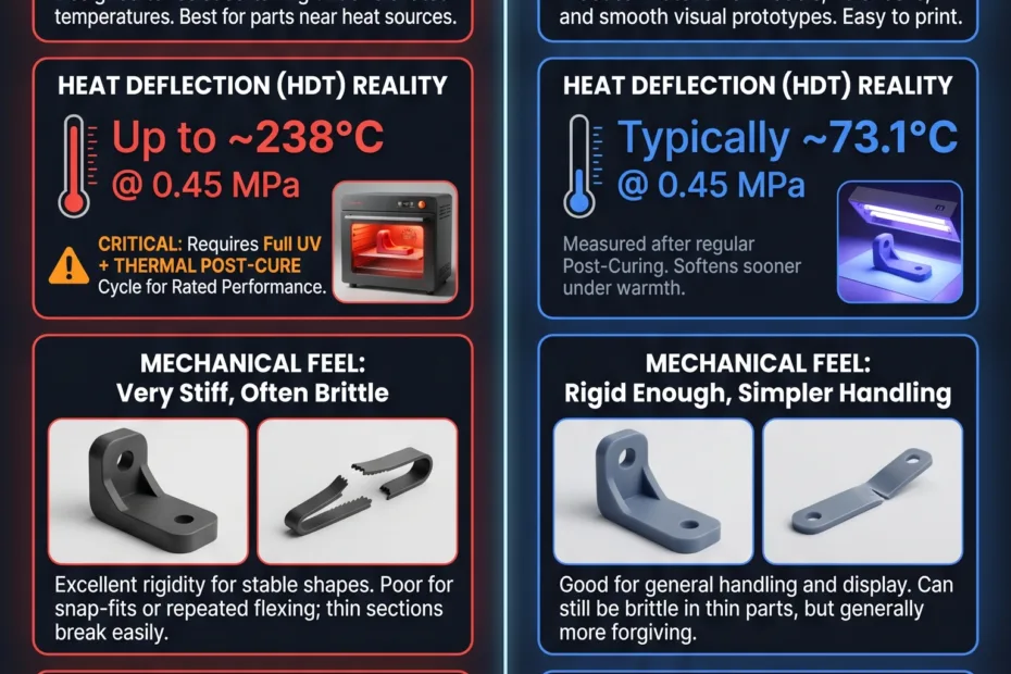 Comparison of high-temp resin versus standard resin showing temperature performance and mechanical properties.