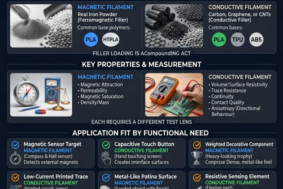 Comparison of magnetic and conductive filament materials used in 3D printing for functional applications.