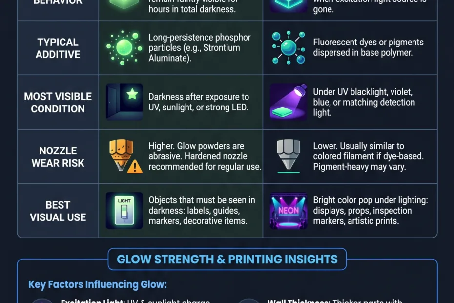 Different glow effects of phosphorescent and fluorescent filaments explained with vibrant visuals