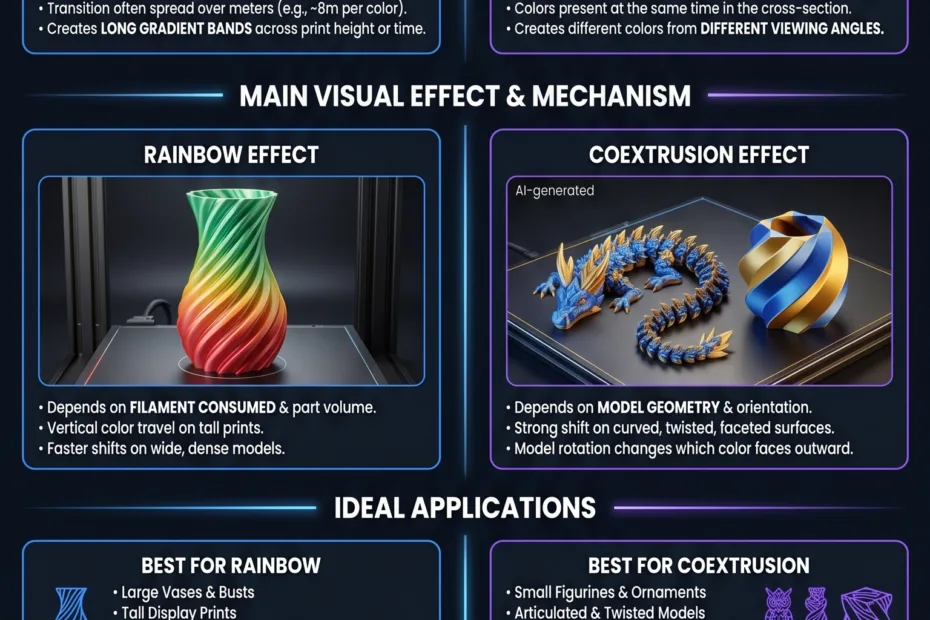 Rainbow filament and multi-color coextrusion show different color techniques for vibrant 3D printing results.