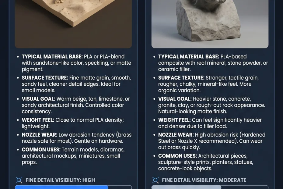Sandstone and stone filled filament textures are compared, showing their unique finishes for 3D printing projects.