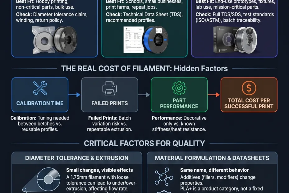 Spool of 3D printer filament demonstrating differences between budget, mid, and premium brands.