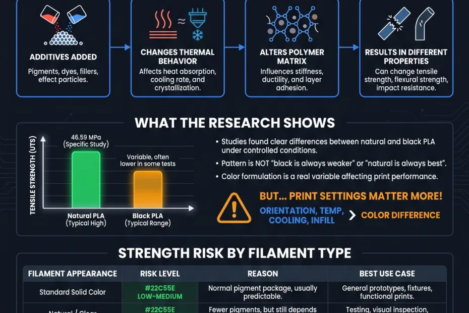 Different filament colors are shown, raising questions about whether filament color affects print strength in 3D printing.