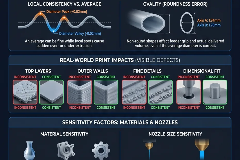 Filament diameter tolerance explained, showing how even a ±0.02mm variation can influence 3D print quality and precision.