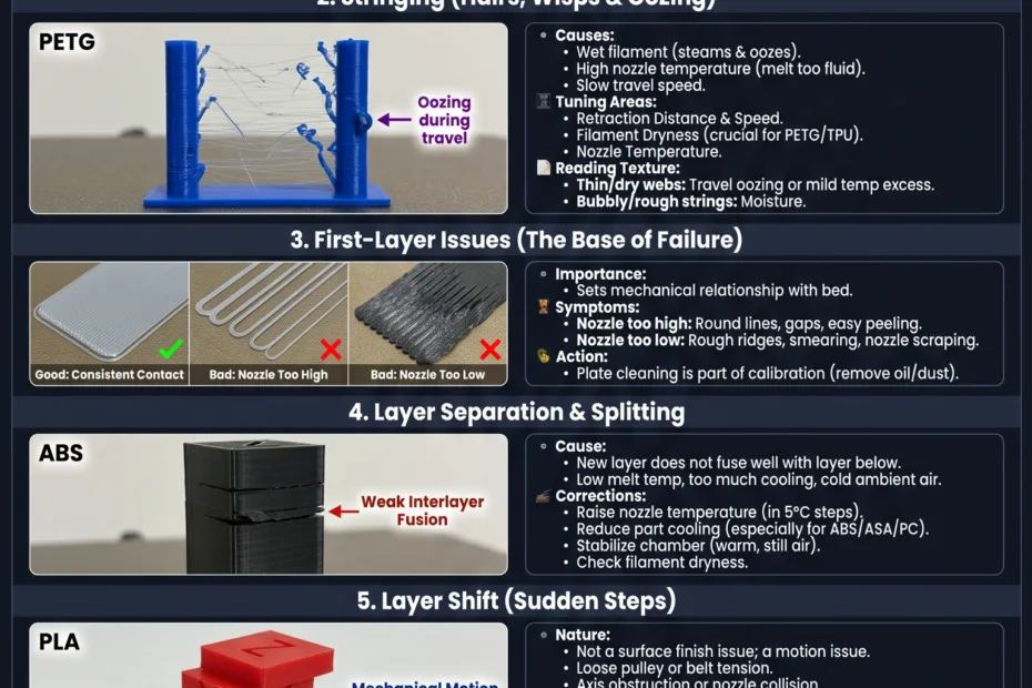 Filament troubleshooting guide showing common warping, stringing, and layer issues during 3D printing.