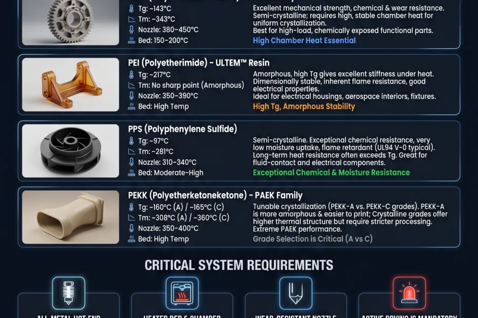 High-temperature filaments like PEEK, PEI, PPS, and PEKK are shown, used for advanced industrial and aerospace applications.
