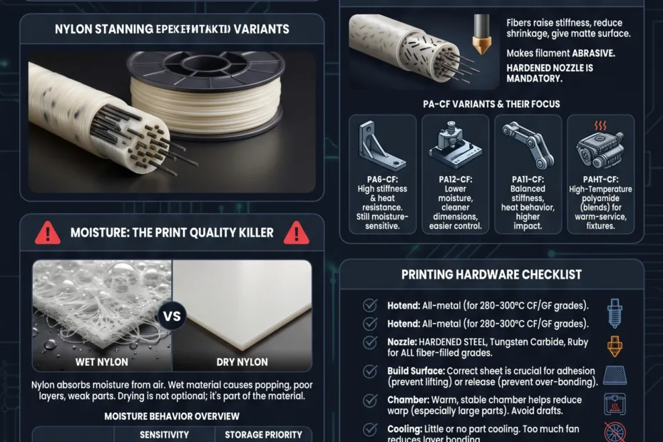 Nylon filaments guide showcases different types like PA6, PA12, PA11, and carbon fiber variants for 3D printing.