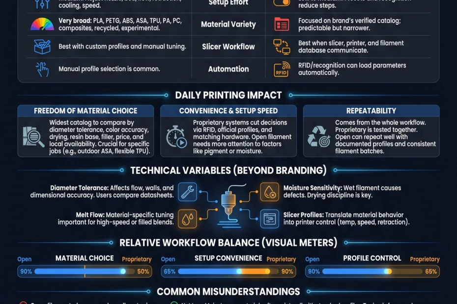 Comparison of open filament and proprietary filament options for 3D printing, showing choices between freedom and convenience.