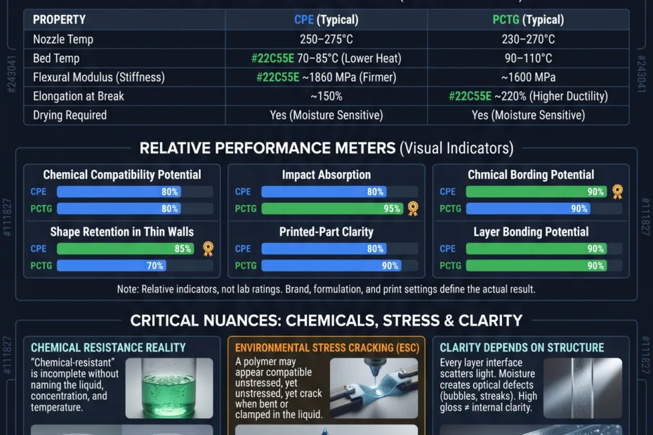CPE vs PCTG comparison showing differences in chemical resistance, clarity, and toughness for various applications.