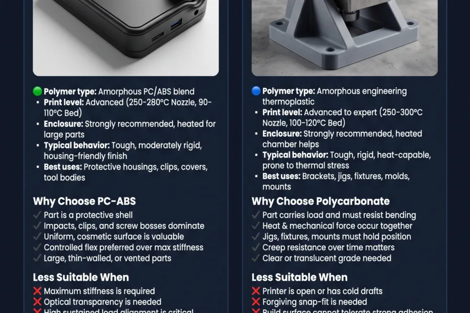 Comparison of PC-ABS and polycarbonate showcasing their toughness, rigidity, and suitability for 3D printing projects.