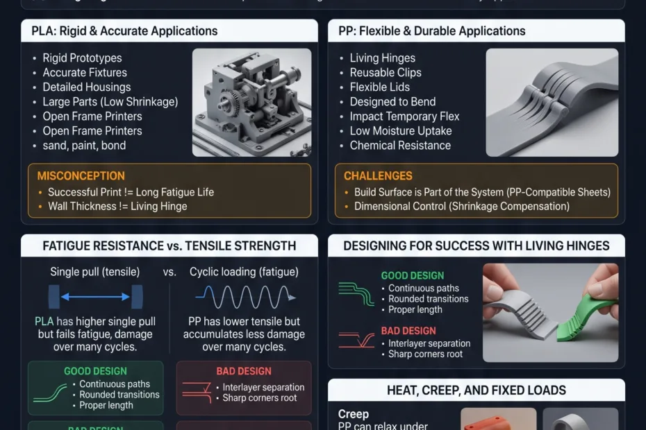 Comparison of PLA and polypropylene showcasing ease of printing and fatigue resistance properties in 3D printing.