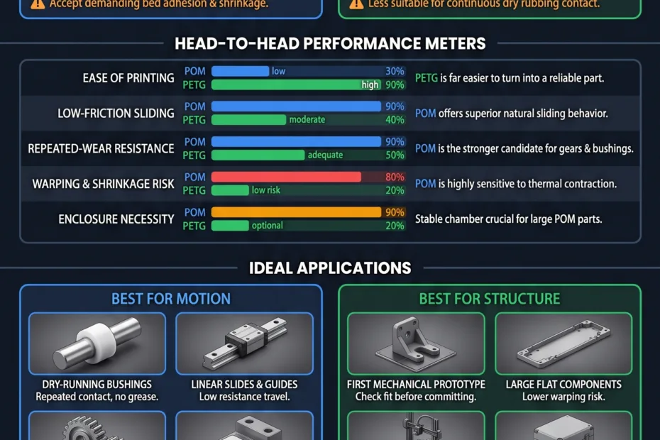 Comparison showing POM's low-friction performance and PETG's ease of 3D printing in a practical context.