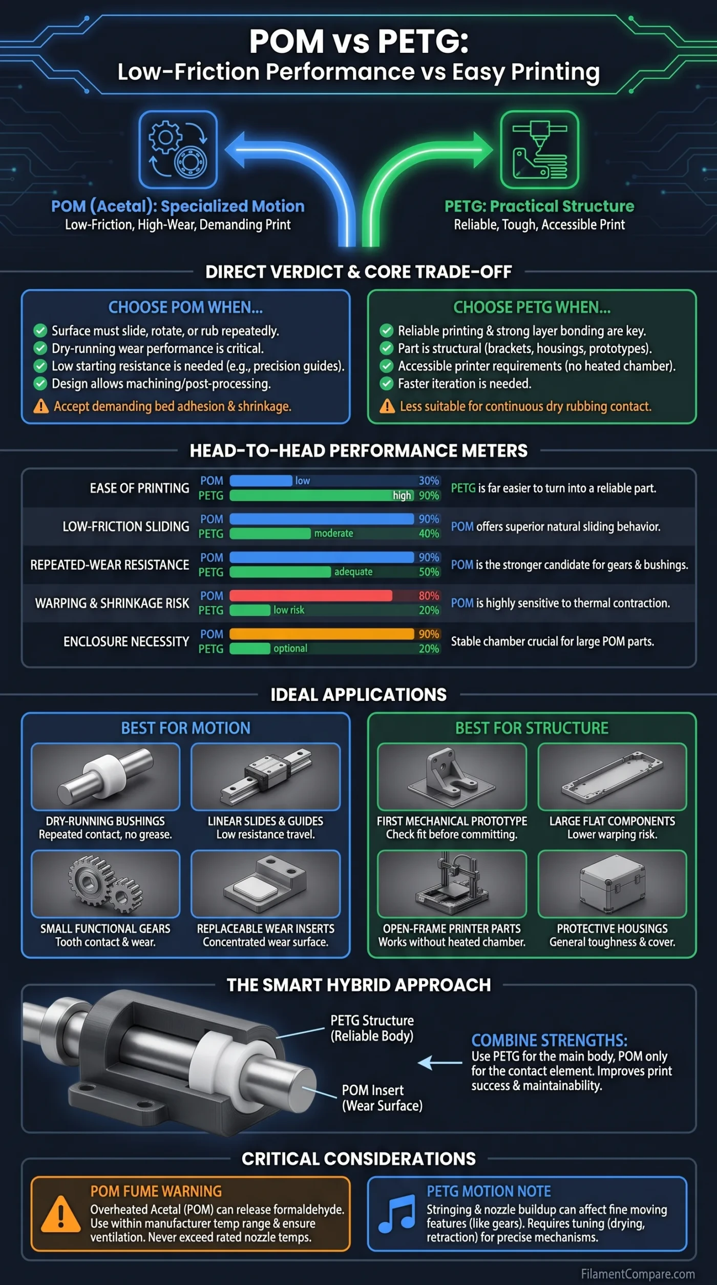 Comparison showing POM's low-friction performance and PETG's ease of 3D printing in a practical context.