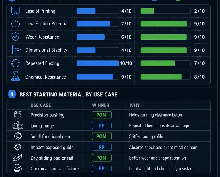 Polypropylene and POM comparison showing differences in low friction, wear resistance, and print challenges in 3D printing.