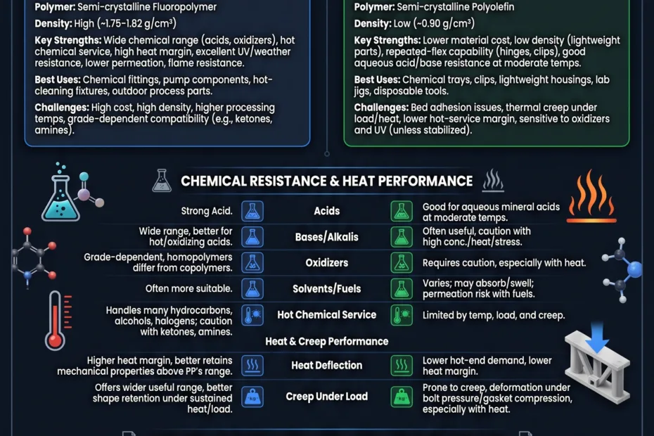 Comparison of PVDF and PP materials for chemical resistance, heat tolerance, and uses in industrial printing processes.