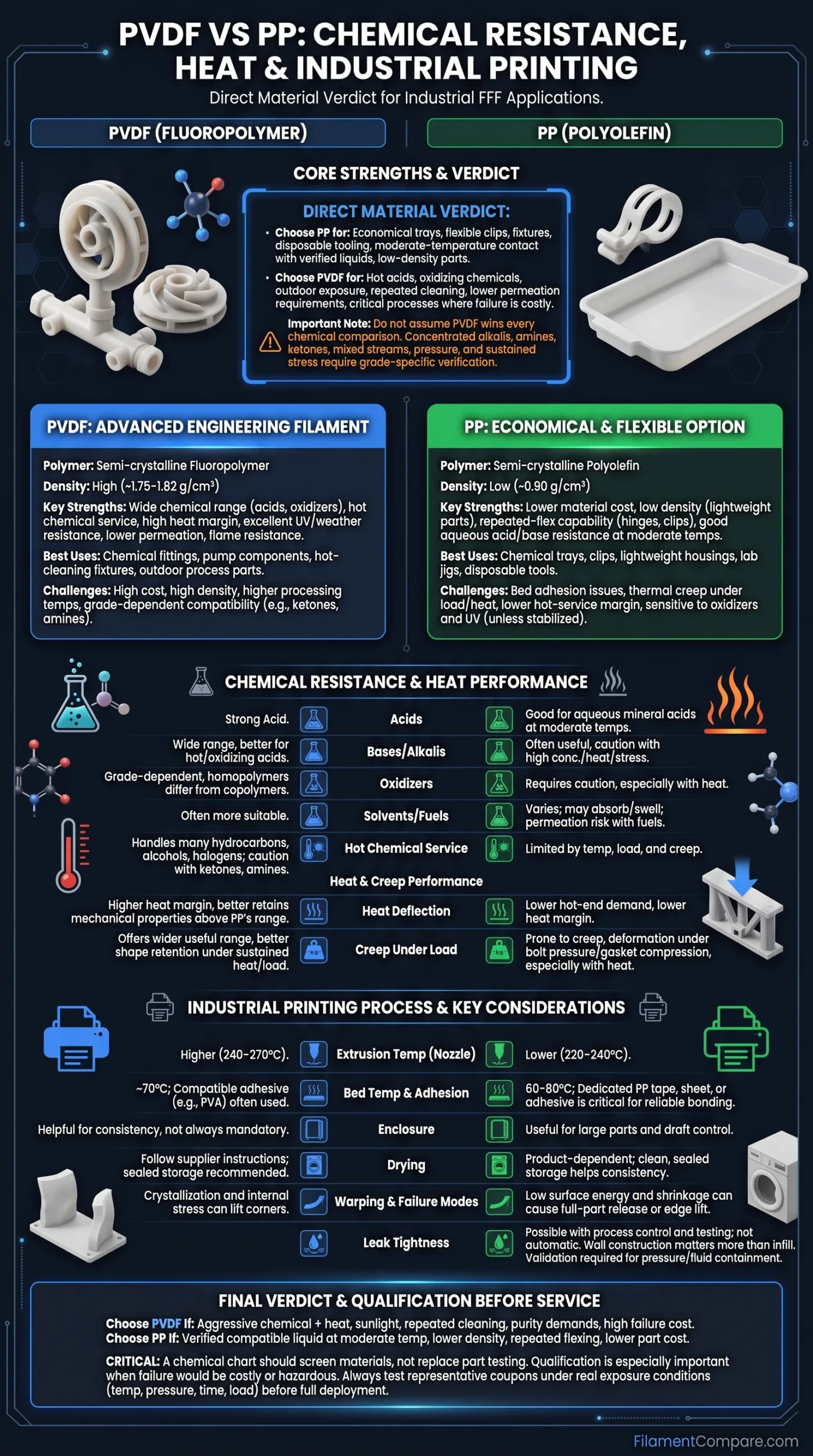 Comparison of PVDF and PP materials for chemical resistance, heat tolerance, and uses in industrial printing processes.