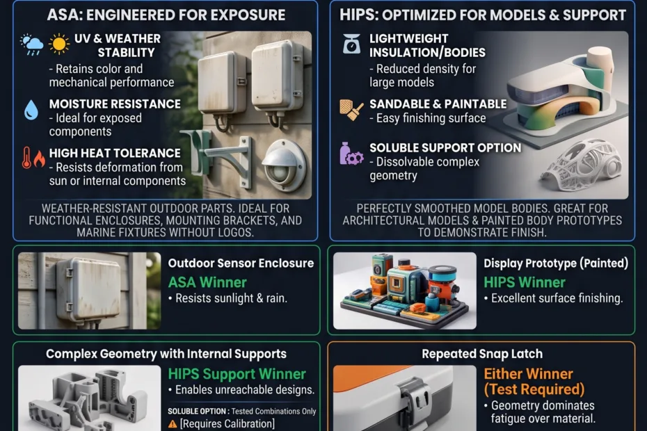ASA and HIPS materials compared for outdoor durability, impact resistance, and support in various construction and manufacturing uses.