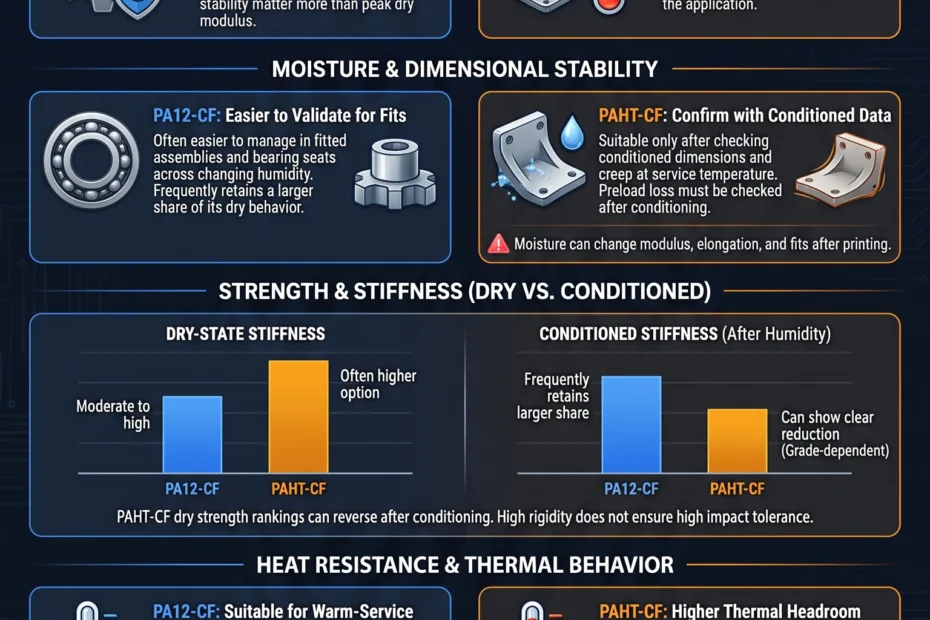 Comparison of PA12-CF and PAHT-CF focusing on moisture stability, strength, and heat resistance in advanced materials.