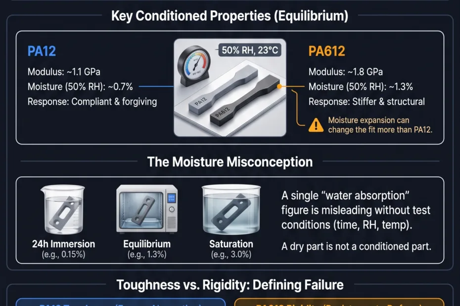 Comparison of PA12 and PA612 showing differences in water absorption, toughness, and rigidity for engineering applications.