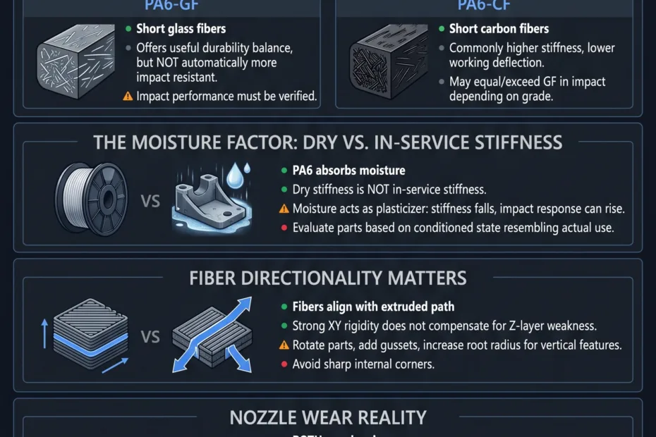 Comparison of PA6-GF and PA6-CF showing differences in toughness, stiffness, and nozzle wear for engineering applications.