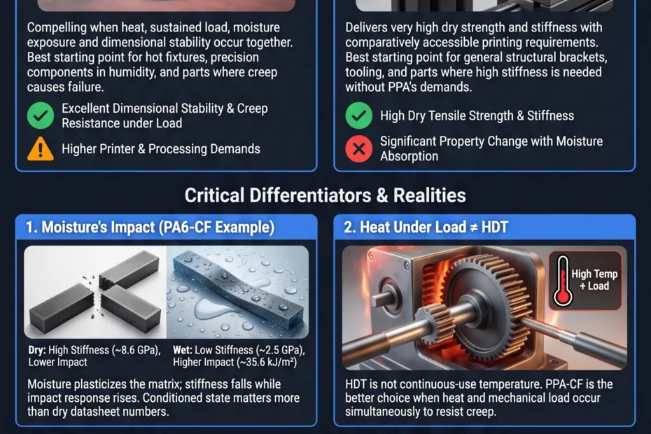 Comparison of PPA-CF and PA6-CF filaments highlighting differences in strength, heat resistance, and 3D printing requirements.