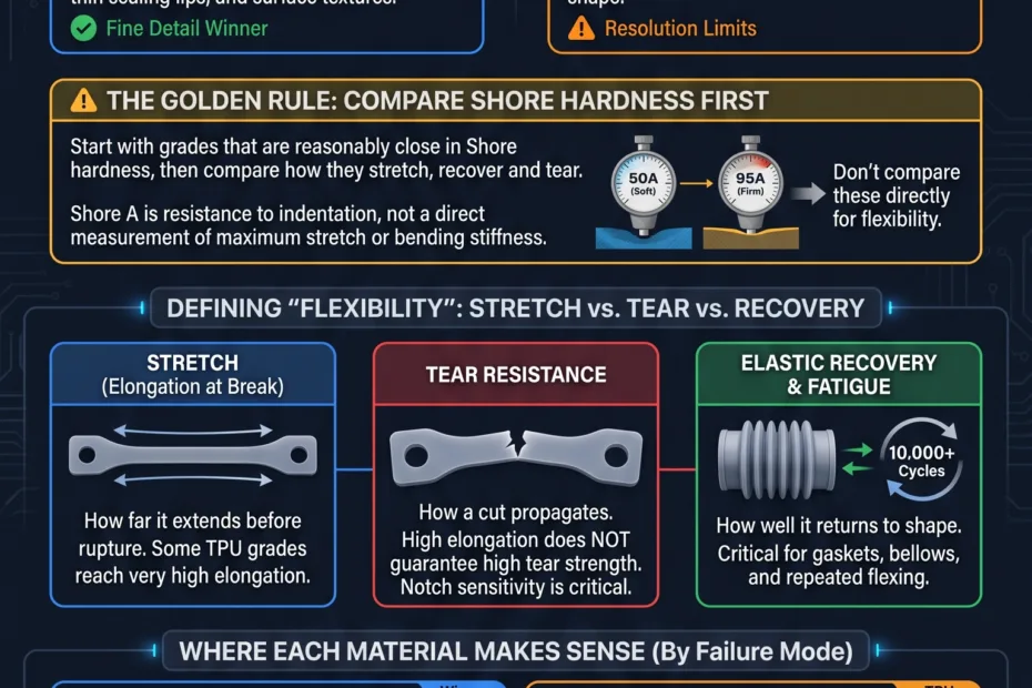 Flexible resin and TPU show different levels of detail, elasticity, and tear resistance in 3D printing applications.