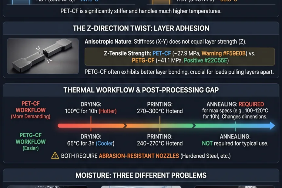 Comparison of PET-CF and PETG-CF filament stiffness, moisture absorption, and printing challenges for 3D printing enthusiasts.