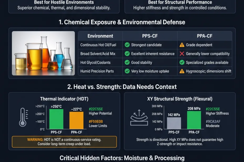 PPS-CF and PPA-CF materials are shown with their impressive chemical resistance, high heat tolerance, and strength properties.