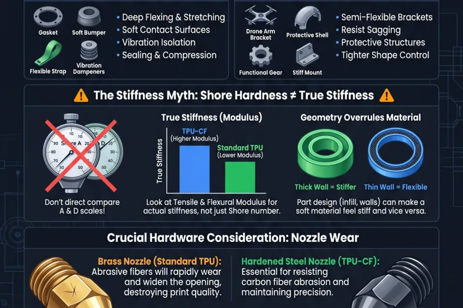 Comparison between TPU-CF and standard TPU highlighting differences in stiffness, flexibility, and nozzle wear for 3D printing.