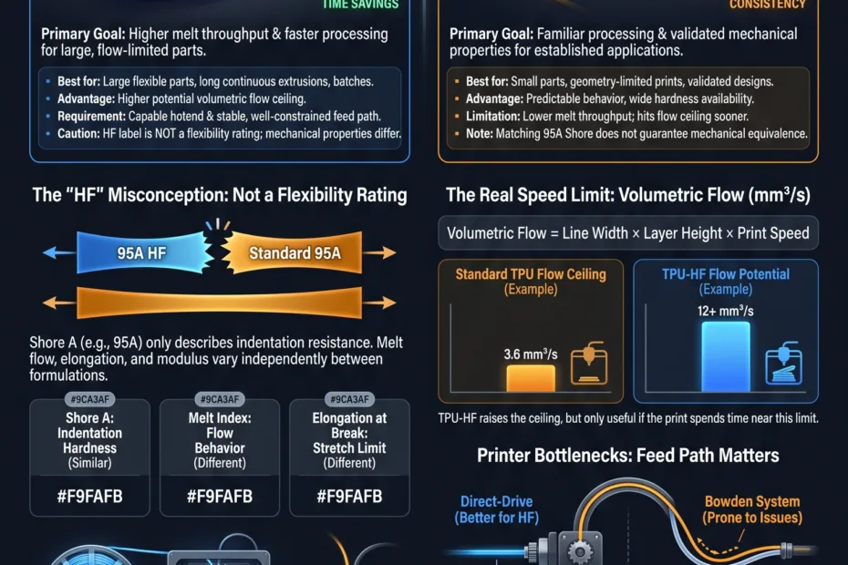 Comparison of TPU-HF and standard TPU shows differences in speed, flow, and flexibility for 3D printing applications.